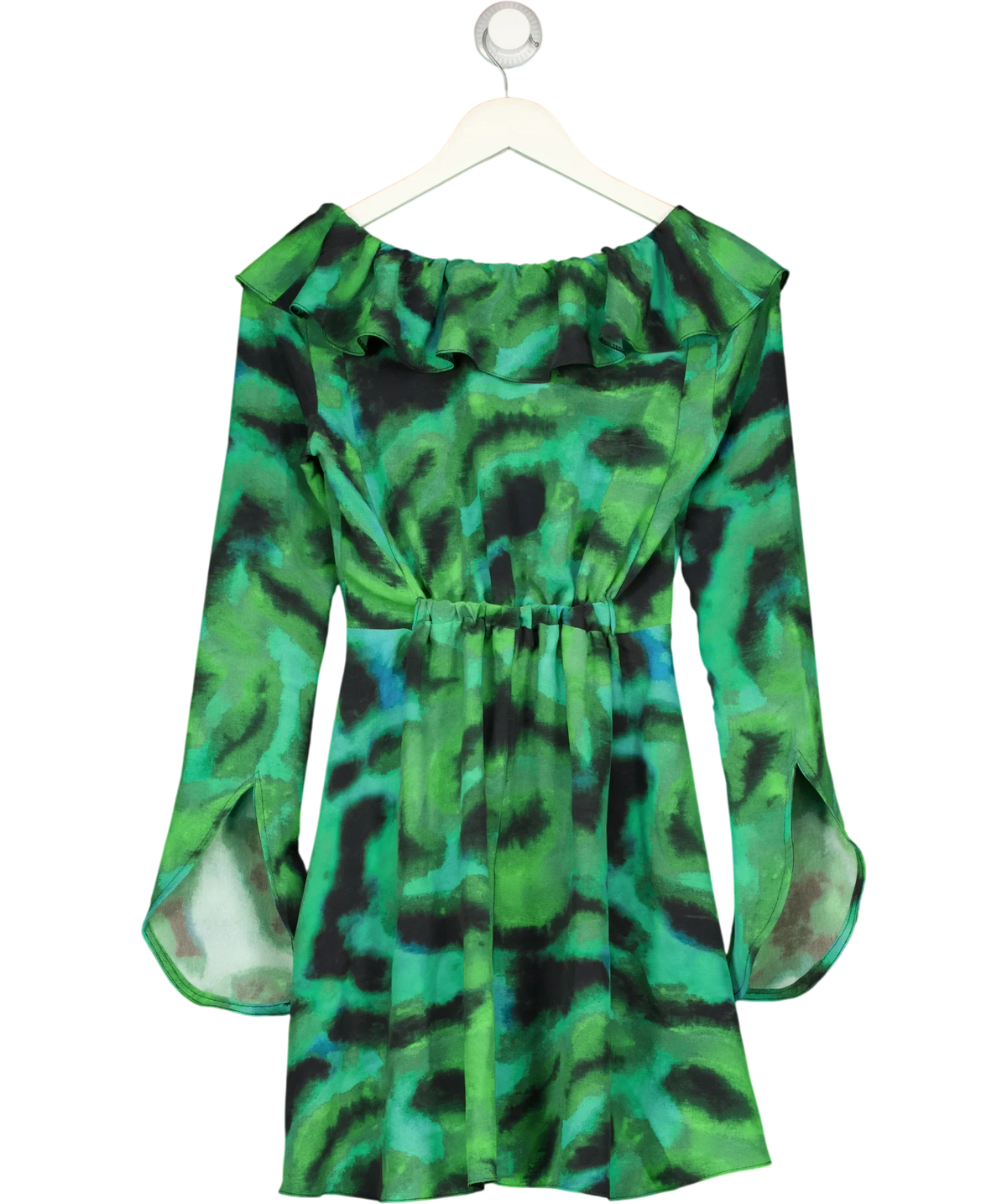 TOPSHOP Green abstract print ruffle neck mini dress, size UK 6 — back