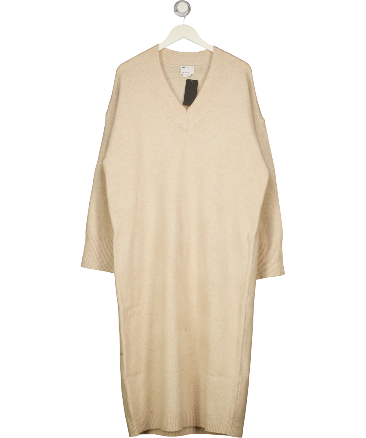 ASOS Beige knitted V-neck midaxi/midi dress, size UK 20 — front