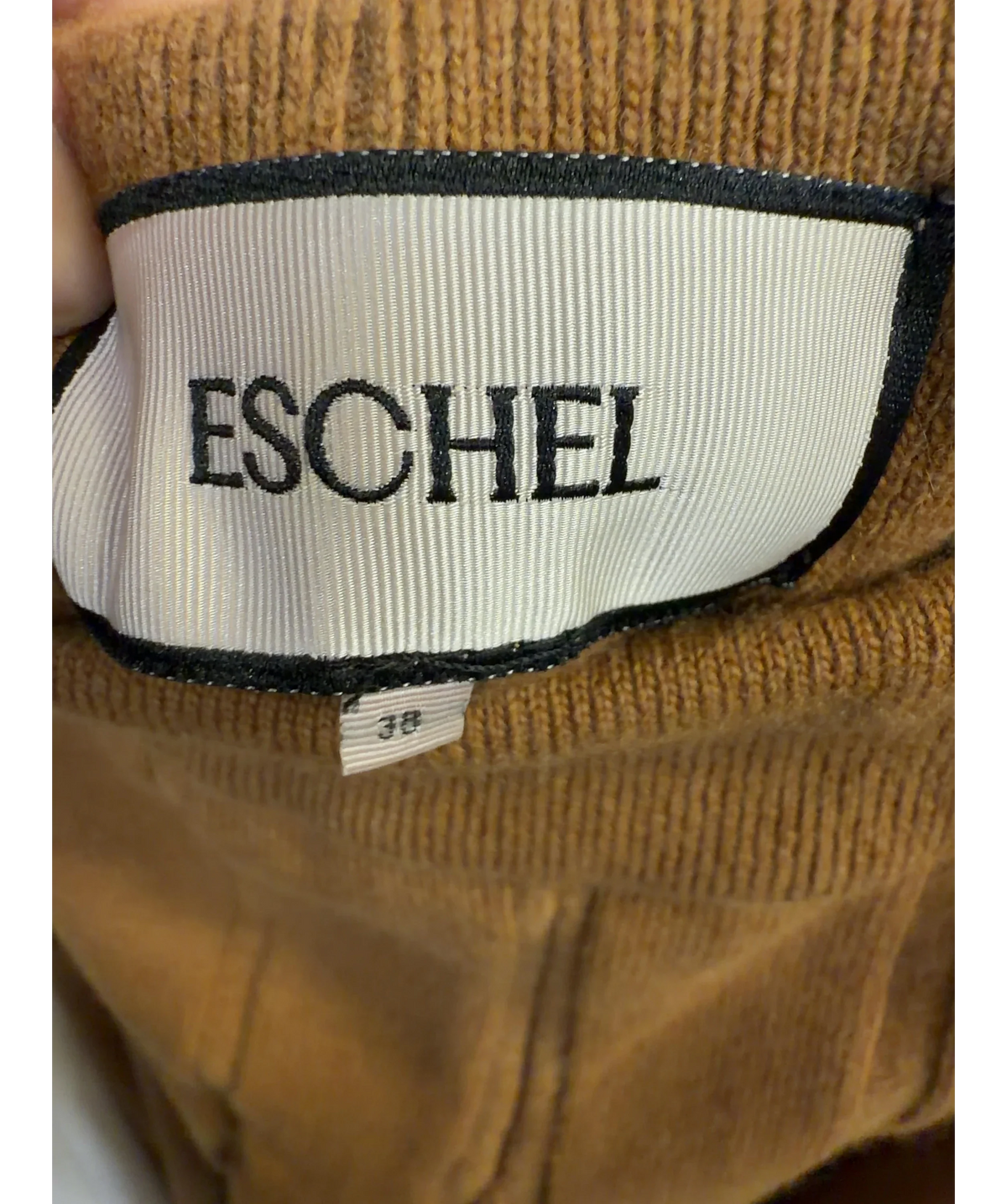 Eschel camel Ribbed Merino Wool Trousres, size UK 10 — detail