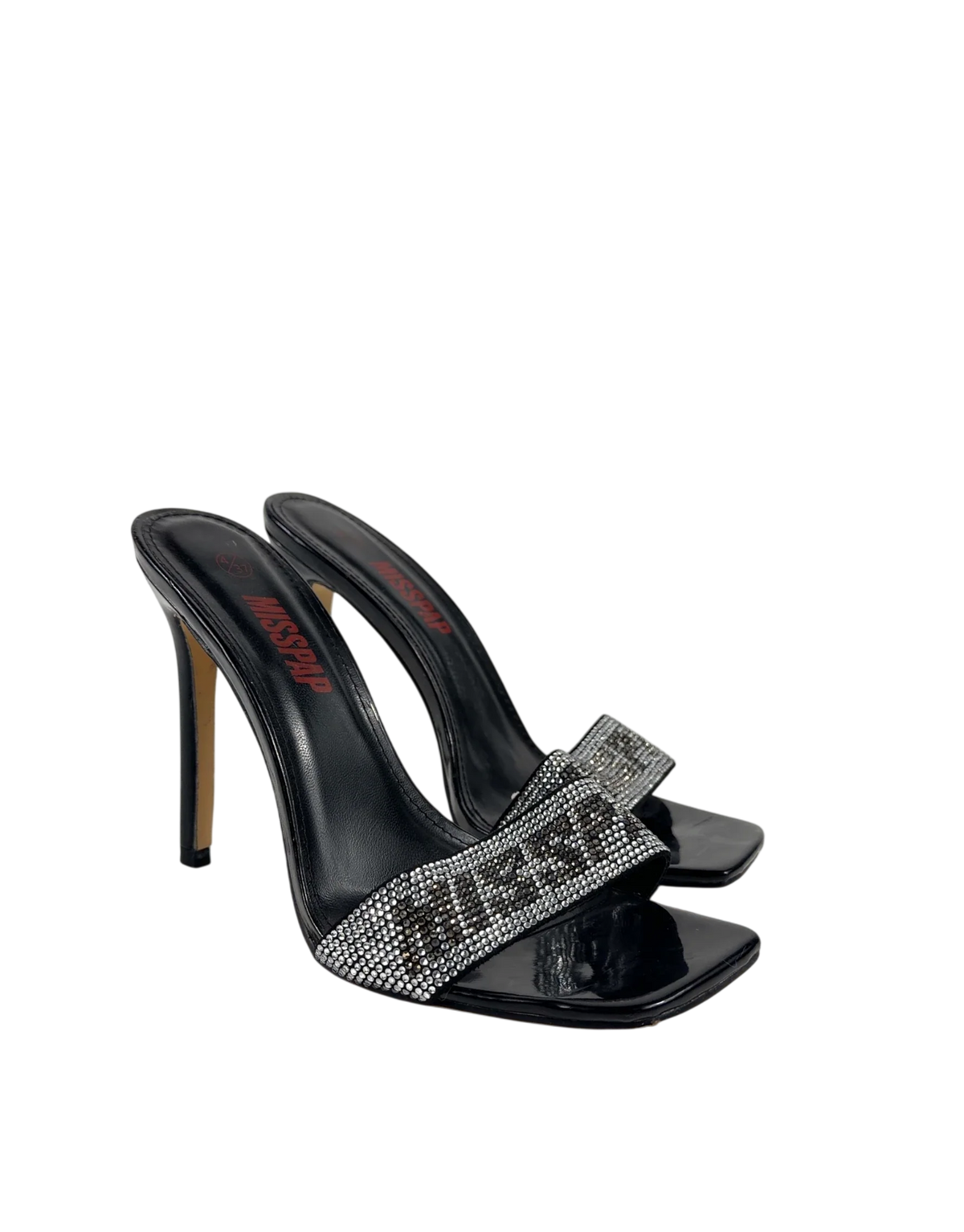 Misspap Black And Metallic Square Toe High Heel Mules UK 4