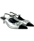 Charles & Keith silver Metallic Bow Cap-Toe Kitten-Heel Slingback Pumps, size UK 4 EU 37 👠 — front