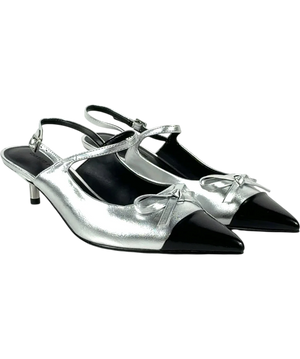 Charles & Keith Metallic Bow Cap-Toe Kitten-Heel Slingback Pumps UK 4