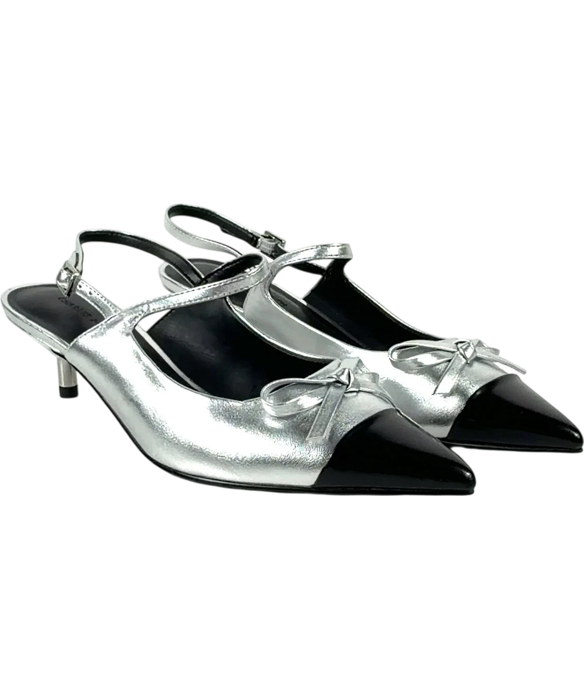 Charles & Keith silver Metallic Bow Cap-Toe Kitten-Heel Slingback Pumps, size UK 4 EU 37 👠 — front