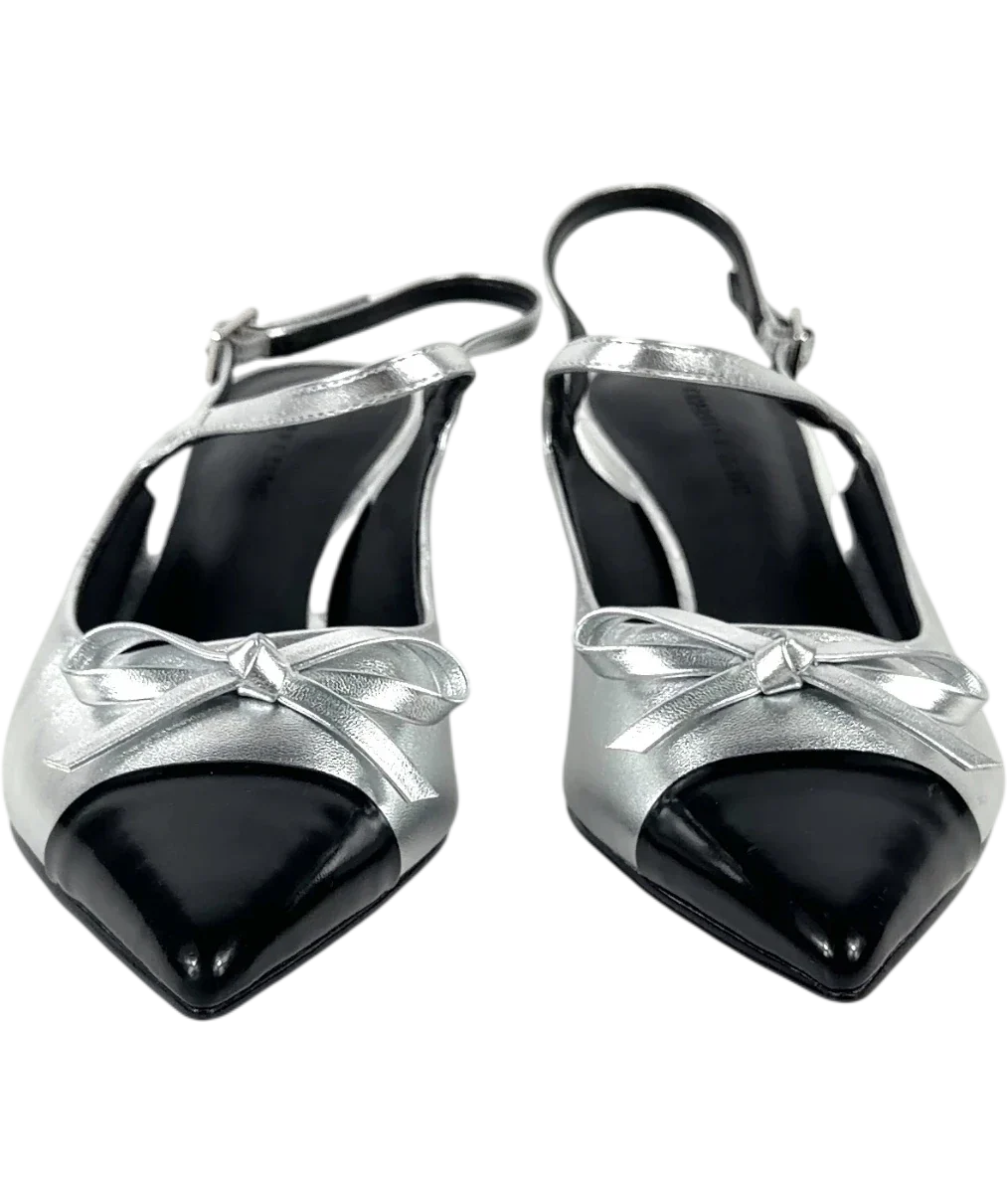 Charles & Keith silver Metallic Bow Cap-Toe Kitten-Heel Slingback Pumps, size UK 4 EU 37 👠 — detail