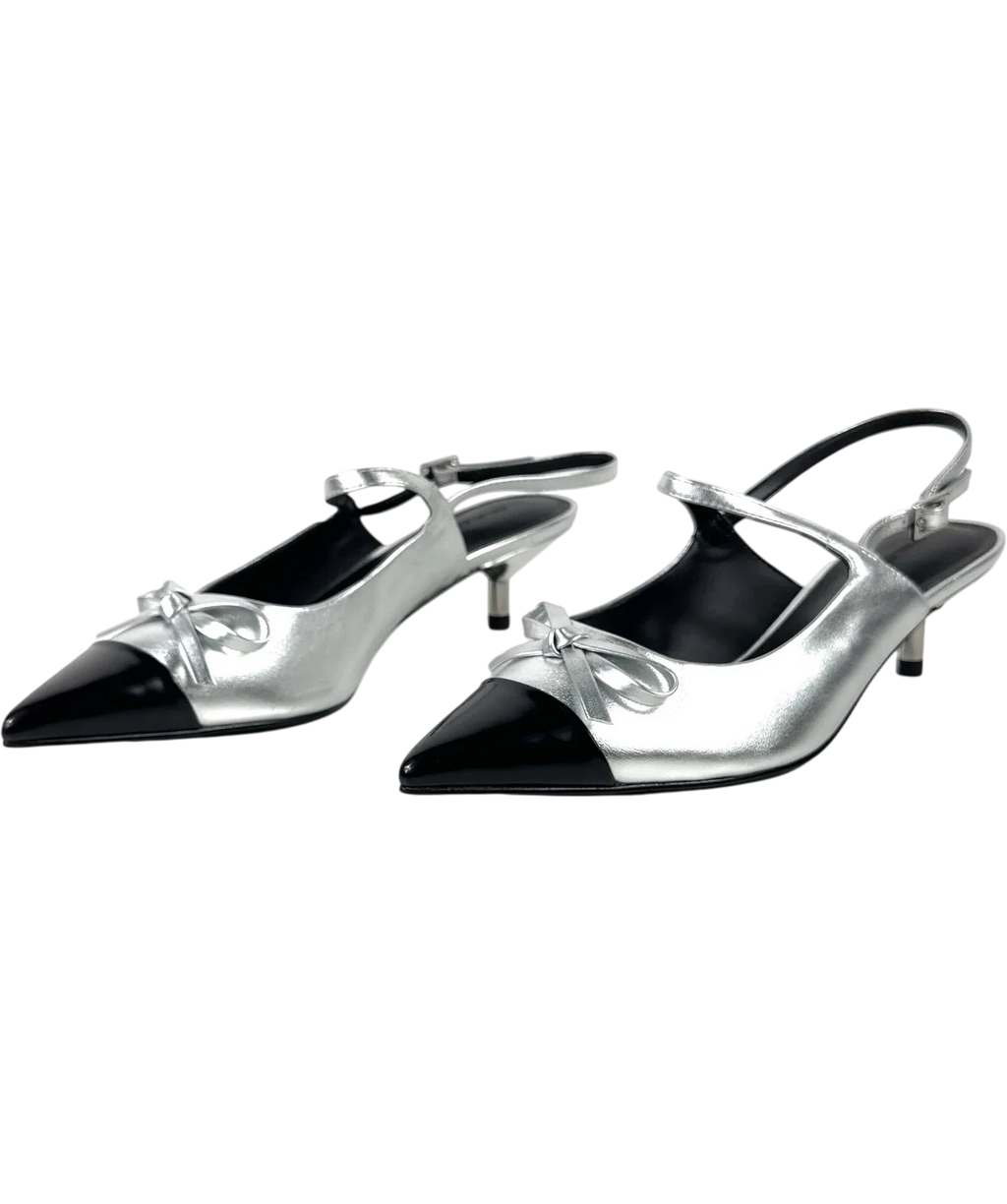 Charles & Keith silver Metallic Bow Cap-Toe Kitten-Heel Slingback Pumps, size UK 4 EU 37 👠 — label