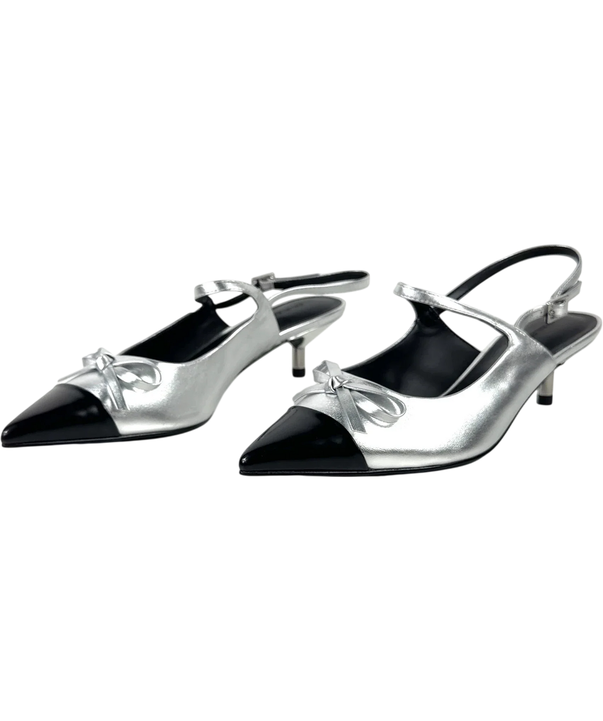 Charles & Keith silver Metallic Bow Cap-Toe Kitten-Heel Slingback Pumps, size UK 4 EU 37 👠 — label