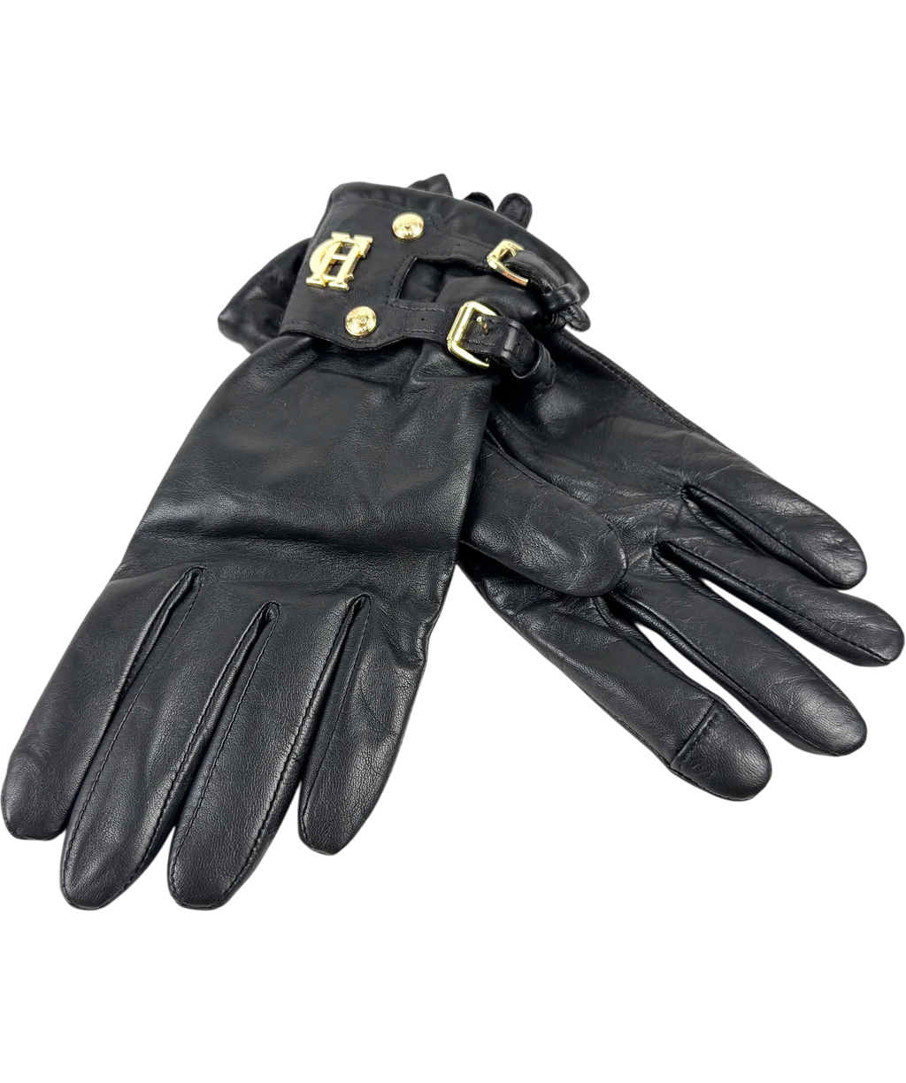 HOLLAND COOPER Black Monogram Leather Gloves, size UK S — front