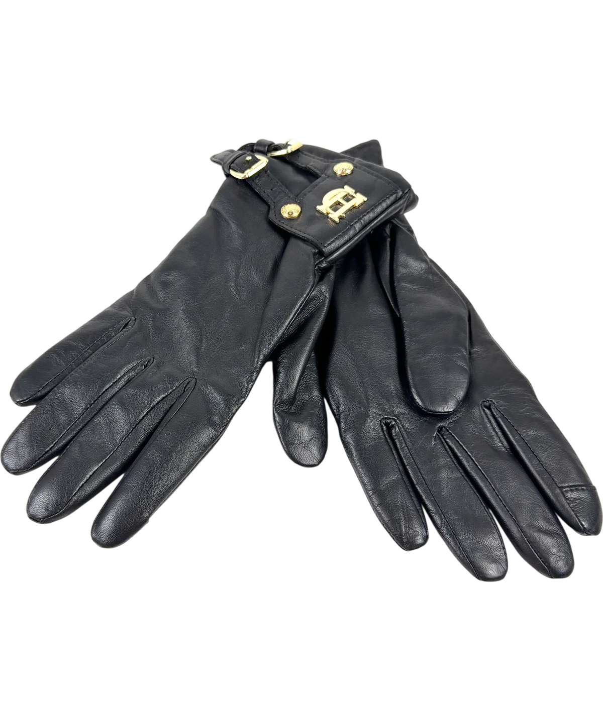 HOLLAND COOPER Black Monogram Leather Gloves, size UK S — back