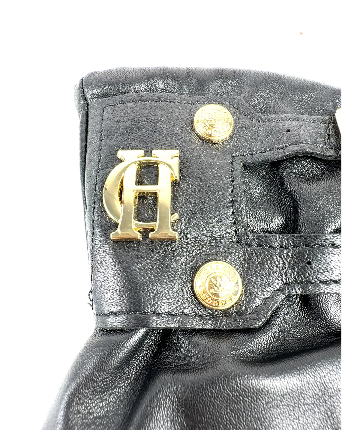 HOLLAND COOPER Black Monogram Leather Gloves, size UK S — detail