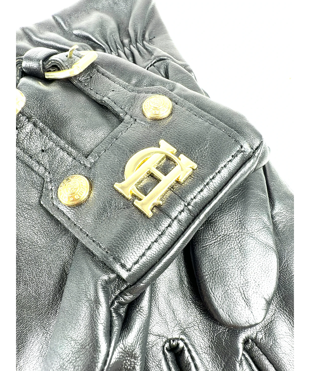 HOLLAND COOPER Black Monogram Leather Gloves, size UK S — care label