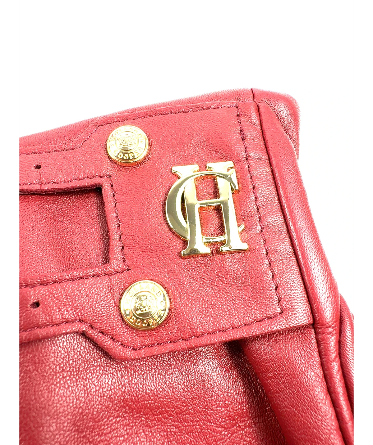 HOLLAND COOPER Red Monogram Leather Gloves, size UK M — detail