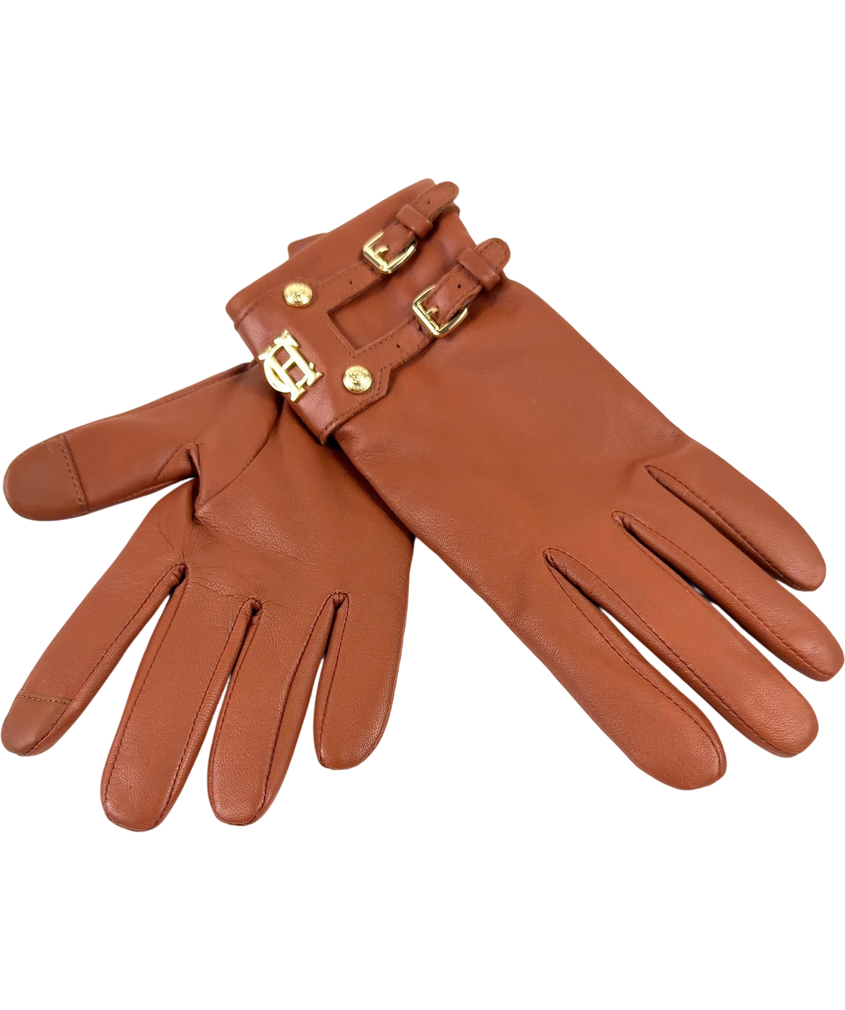 HOLLAND COOPER tan Monogram Leather Gloves, size UK S — back