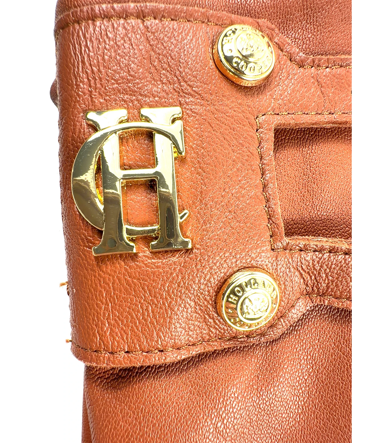 HOLLAND COOPER tan Monogram Leather Gloves, size UK S — detail