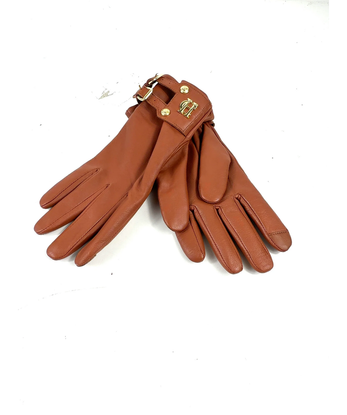 HOLLAND COOPER tan Monogram Leather Gloves, size UK S — label