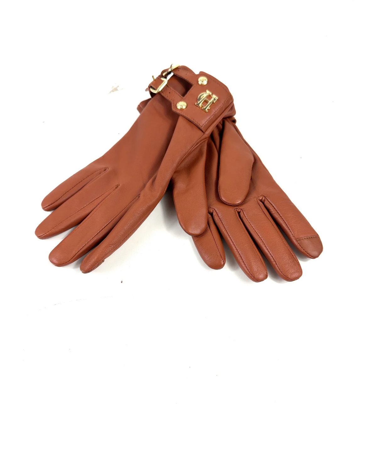 HOLLAND COOPER tan Monogram Leather Gloves, size UK S — care label