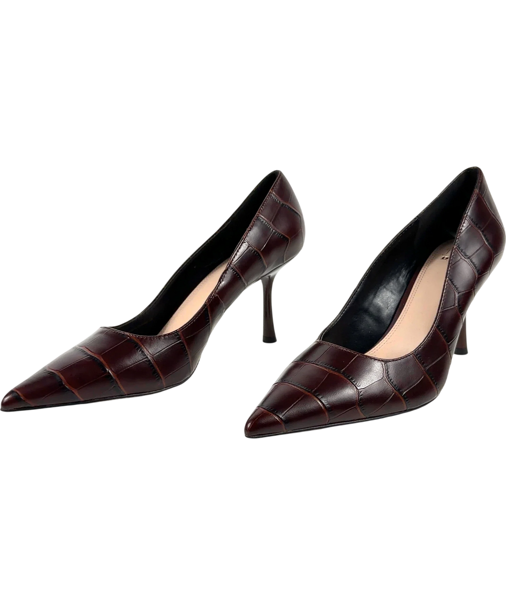 Dune Brown Blaires Brown Croc-Embossed Court Shoes, size UK 6 EU 39 👠 — label