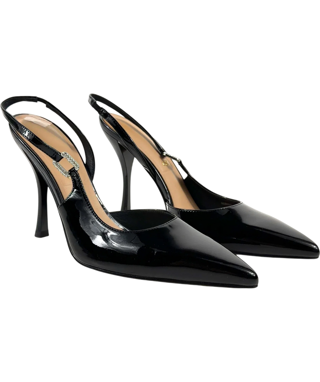 Charles & Keith Black Patent Leather Crystal-Buckle Slingback Pumps, size UK 6 EU 39 👠 — front
