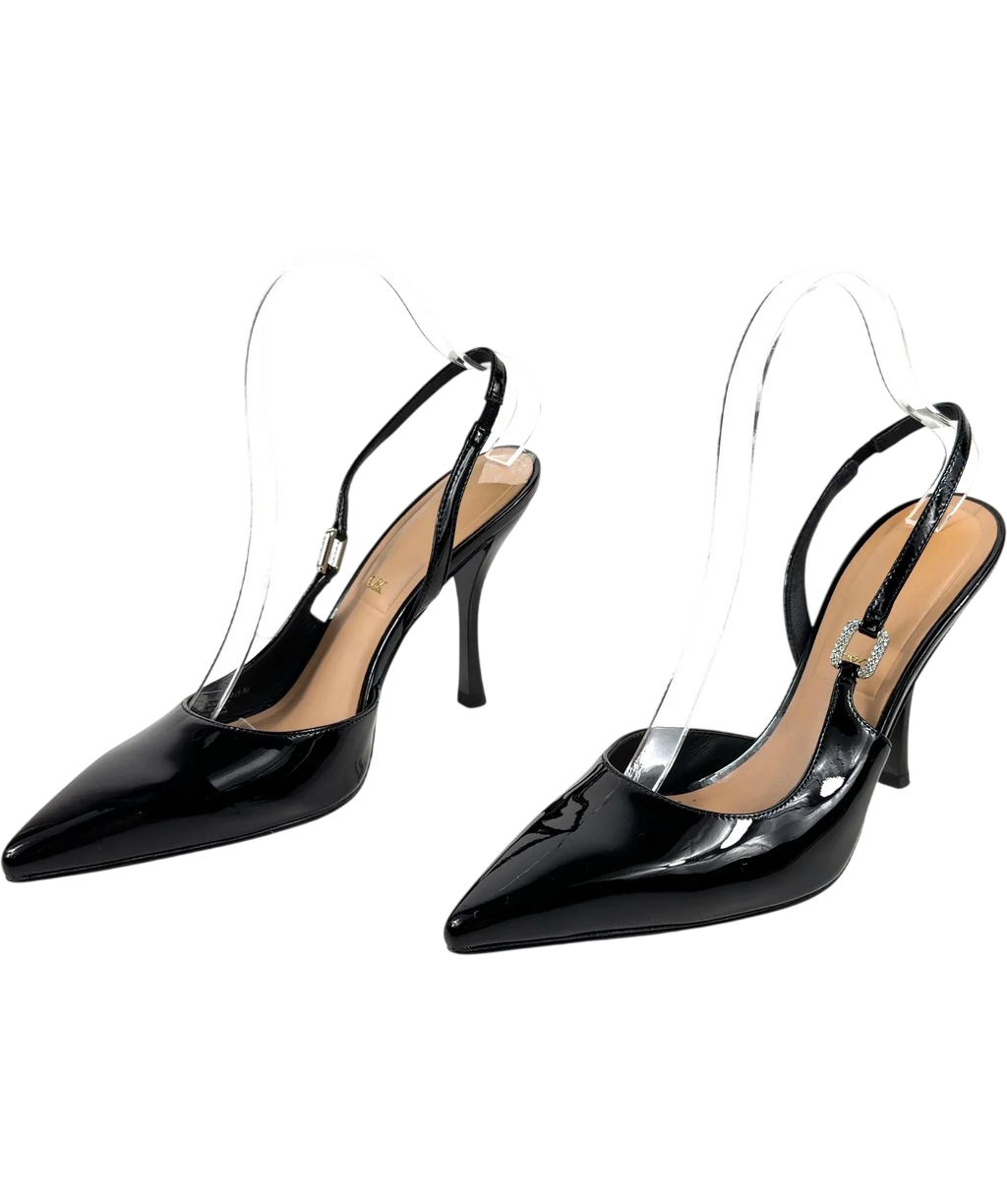 Charles & Keith Black Patent Leather Crystal-Buckle Slingback Pumps, size UK 6 EU 39 👠 — label