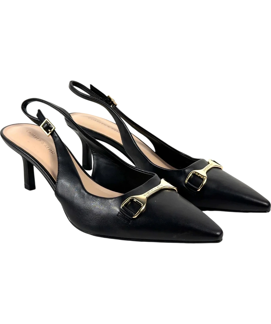 Charles & Keith Black Leslie Metallic-Accent Slingback Pumps, size UK 6 EU 39 👠 — front