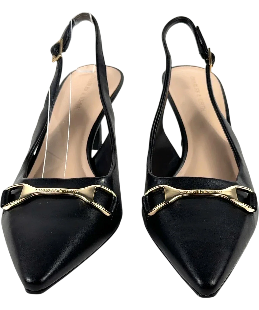 Charles & Keith Black Leslie Metallic-Accent Slingback Pumps, size UK 6 EU 39 👠 — detail