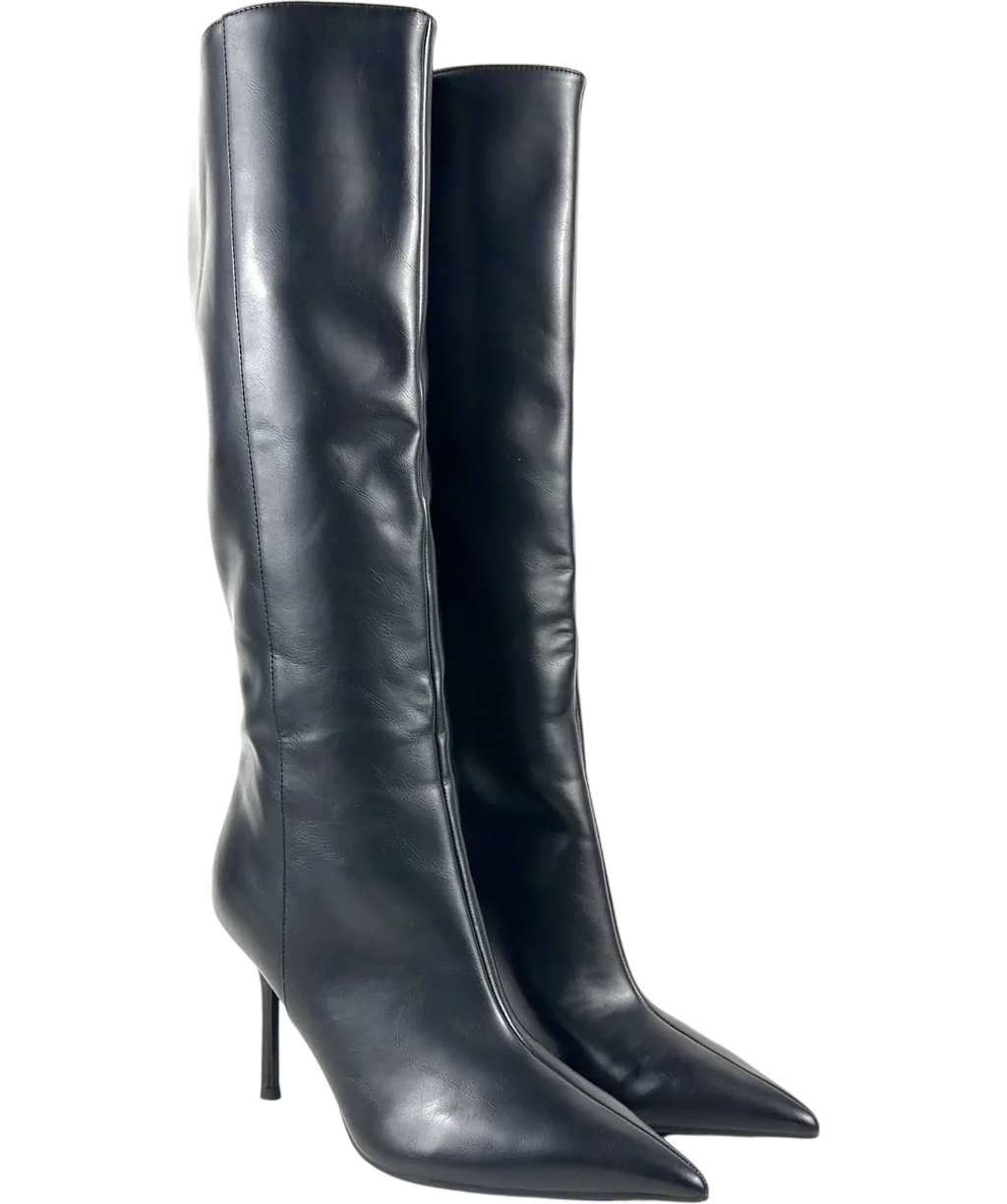 Charles & Keith Black Black Pointed Stiletto Knee-High Boots, size UK 6 EU 39 👠 — front