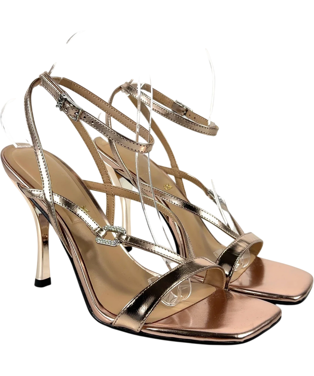 Charles & Keith rose gold Bronze Metallic Leather Crystal-Buckle Ankle-Strap Heels, size UK 6 EU 39 👠 — front