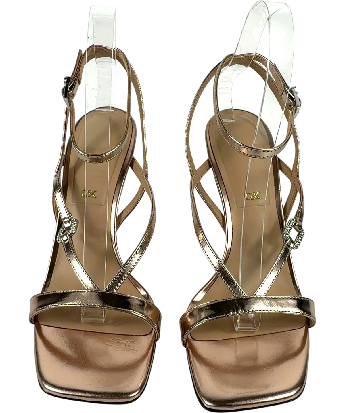 Charles & Keith rose gold Bronze Metallic Leather Crystal-Buckle Ankle-Strap Heels, size UK 6 EU 39 👠 — detail