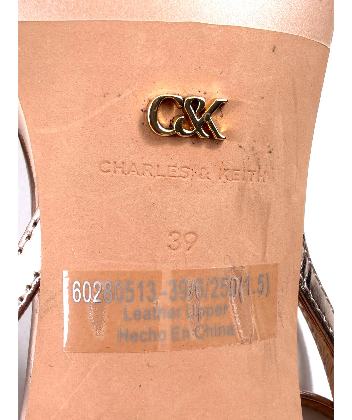 Charles & Keith rose gold Bronze Metallic Leather Crystal-Buckle Ankle-Strap Heels, size UK 6 EU 39 👠 — care label