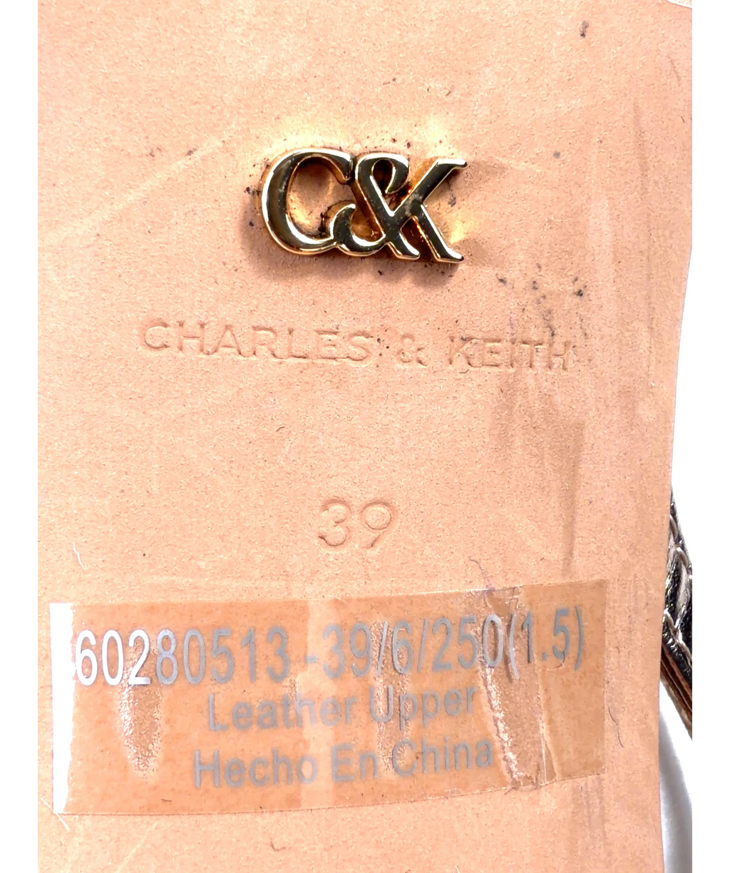 Charles & Keith rose gold Bronze Metallic Leather Crystal-Buckle Ankle-Strap Heels, size UK 6 EU 39 👠 — fabric detail