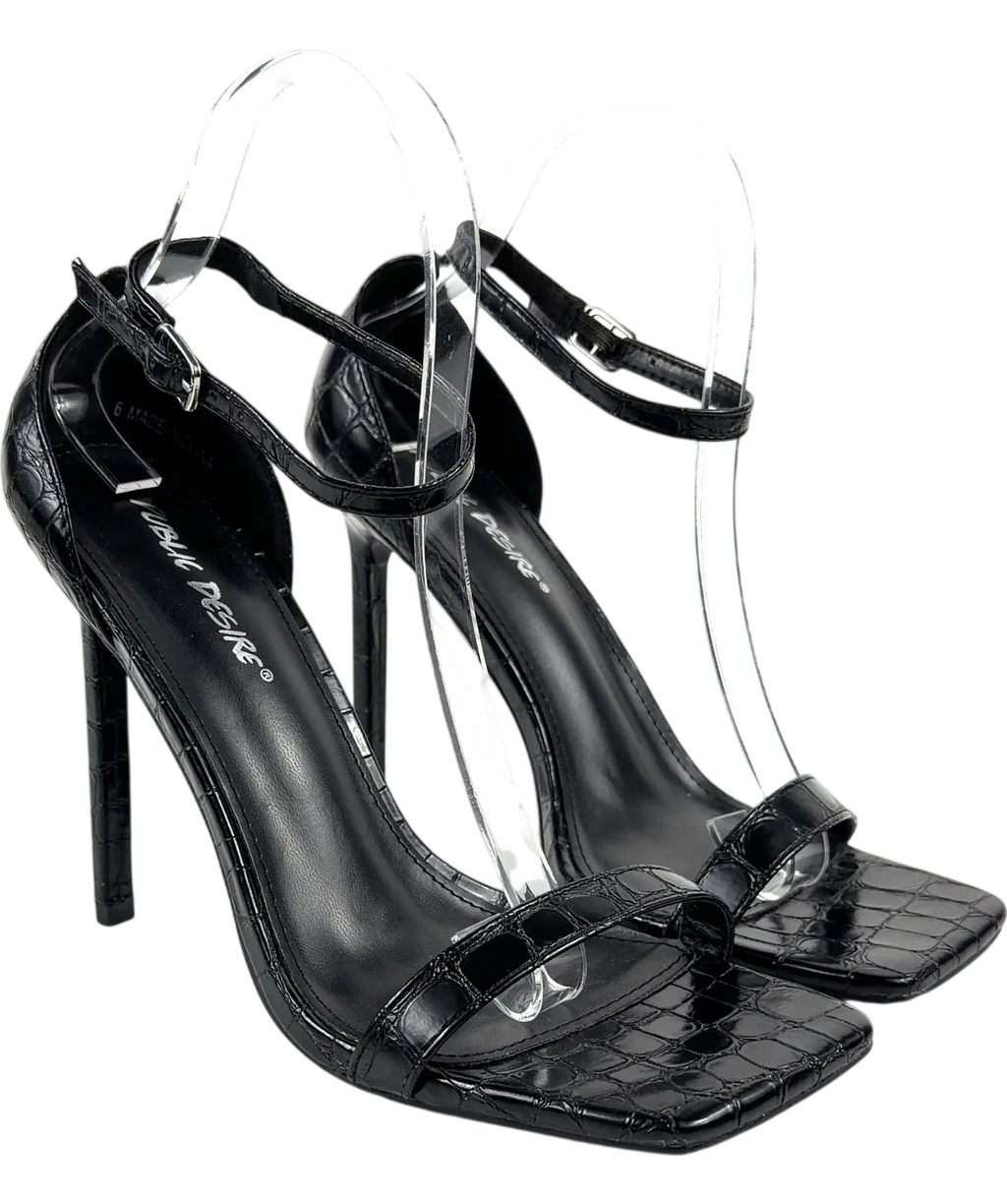 Public Desire Black Chaos Black Croc Square Toe Strappy Barely There Stiletto Heels, size UK 6 EU 39 👠 — front