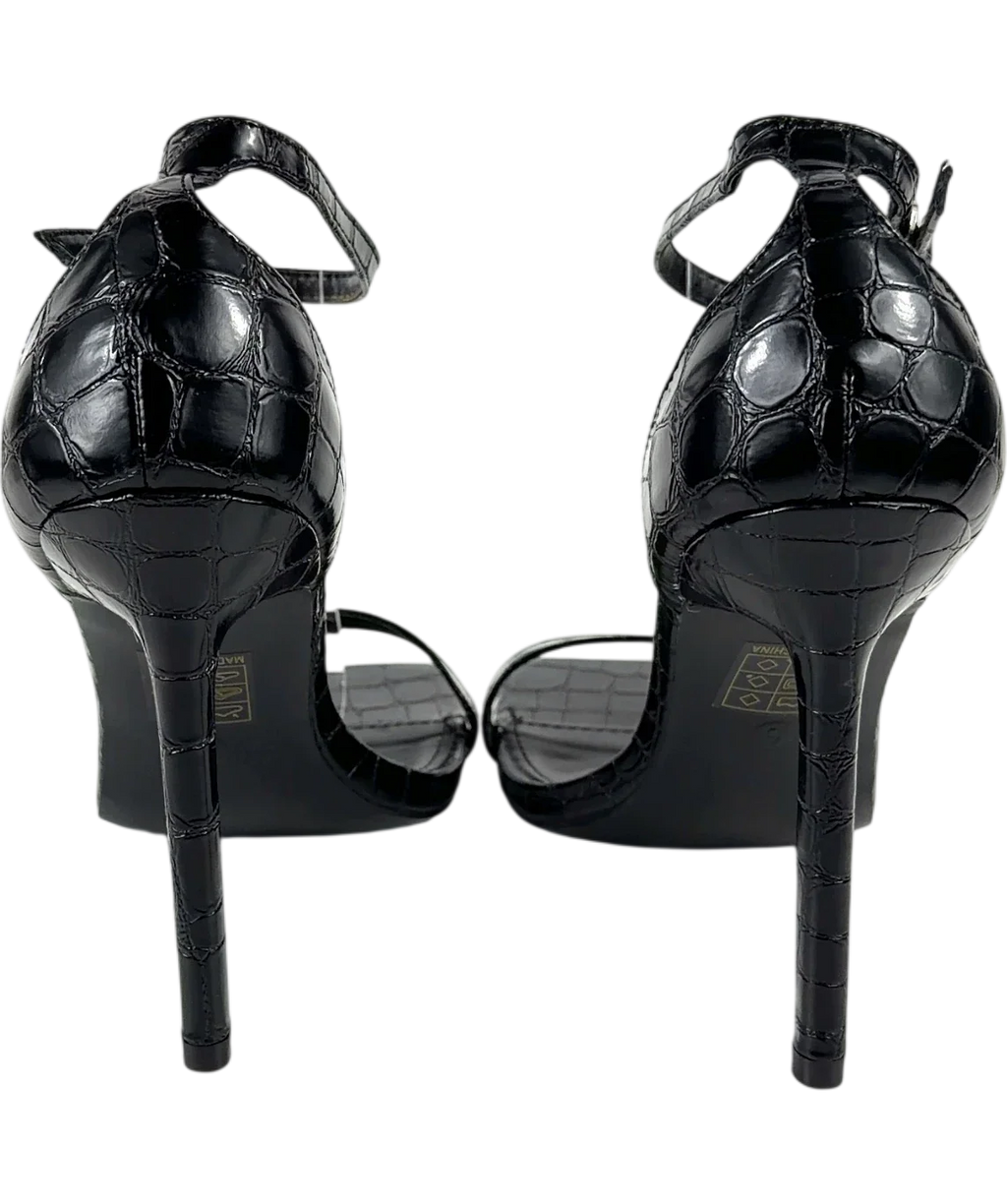 Public Desire Black Chaos Black Croc Square Toe Strappy Barely There Stiletto Heels, size UK 6 EU 39 👠 — back