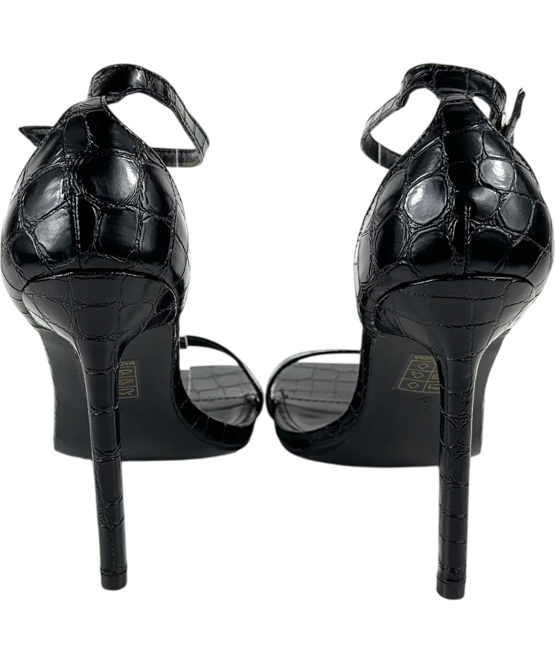 Public Desire Black Chaos Black Croc Square Toe Strappy Barely There Stiletto Heels, size UK 6 EU 39 👠 — back