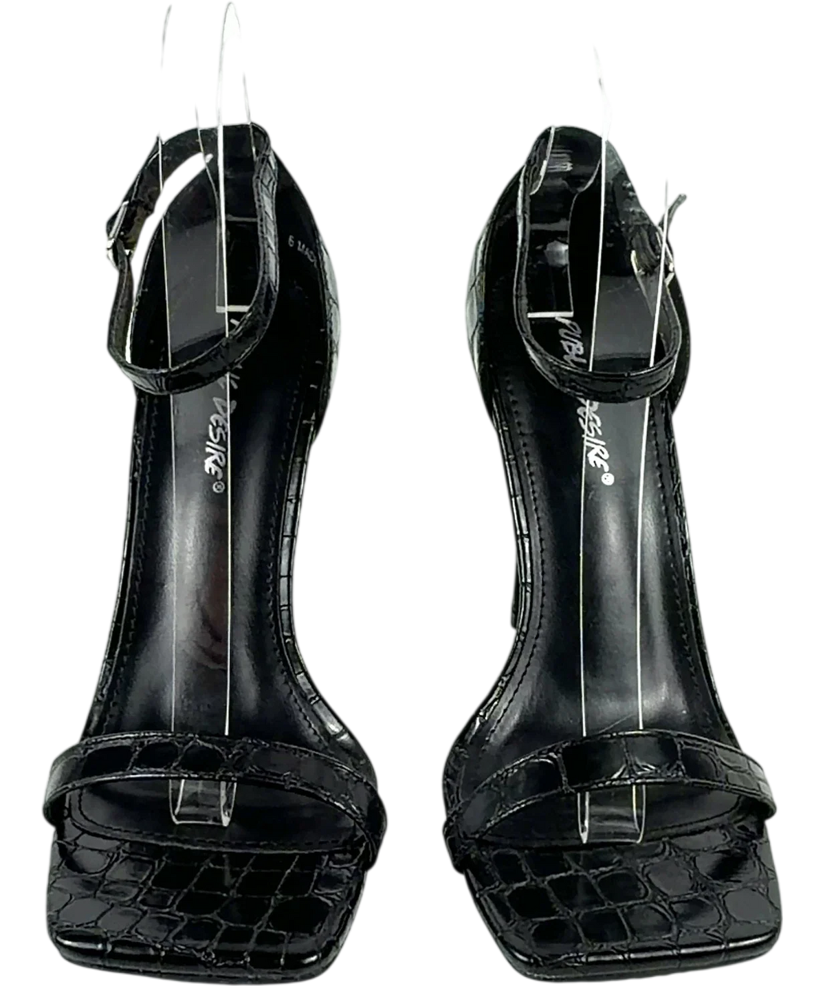 Public Desire Black Chaos Black Croc Square Toe Strappy Barely There Stiletto Heels, size UK 6 EU 39 👠 — detail