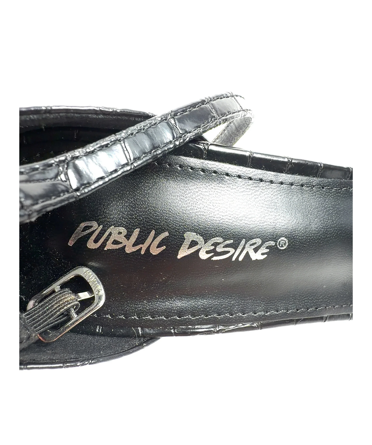 Public Desire Black Chaos Black Croc Square Toe Strappy Barely There Stiletto Heels, size UK 6 EU 39 👠 — care label
