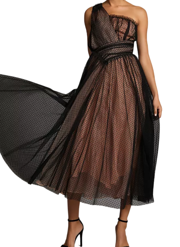 Anthropologie Black One-shoulder Tulle Dot Maxi Dress UK 6