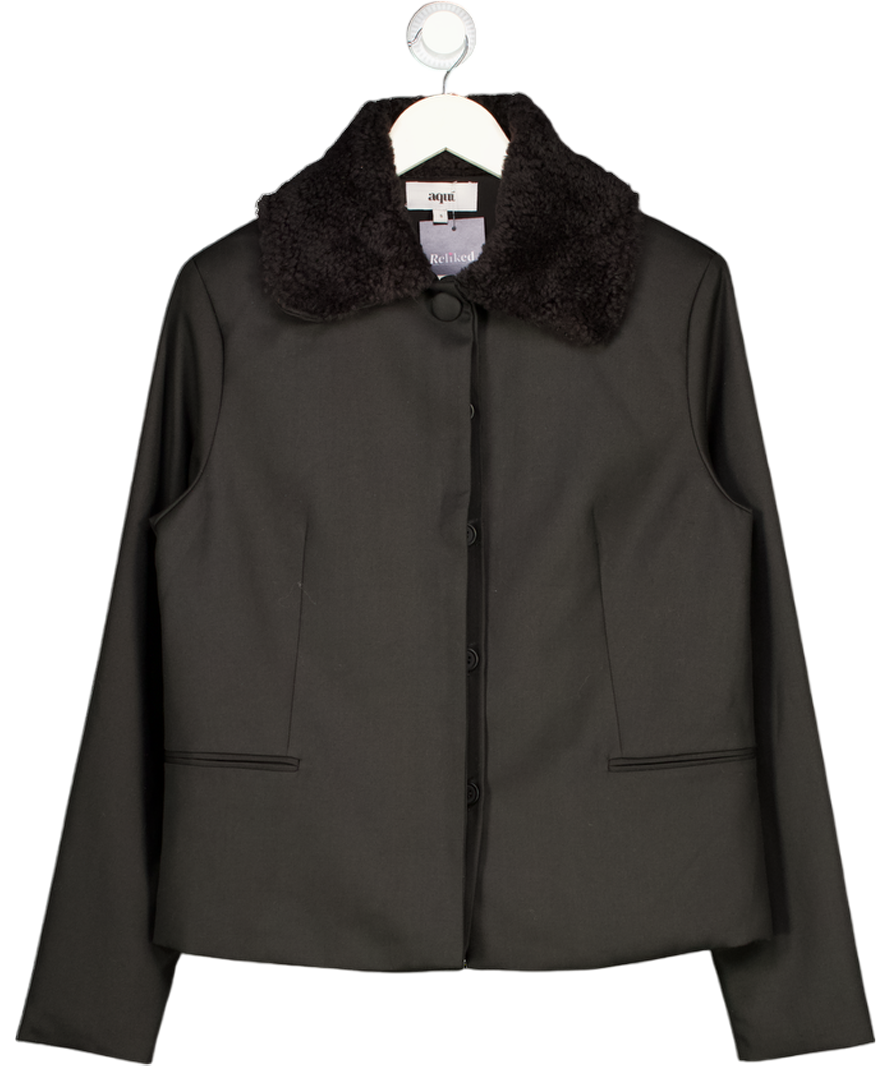 AQUI Black Fur Collar Coat UK S