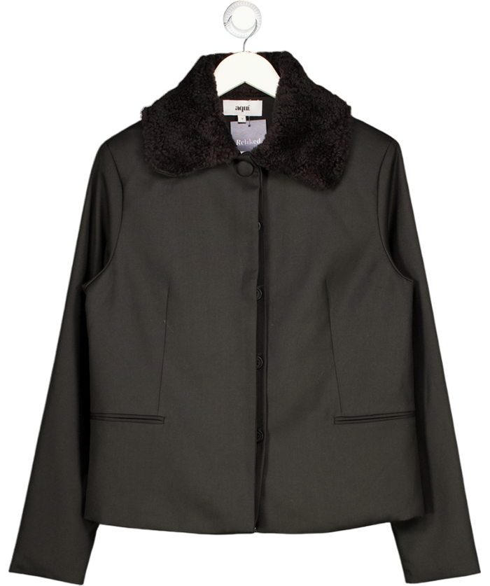 AQUI Black Fur Collar Coat UK S