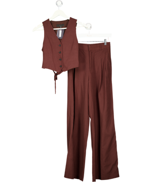 ZARA 2-piece Chocolate Brown Linen Blend Open Back Waistcoat & Trouser Set UK XS