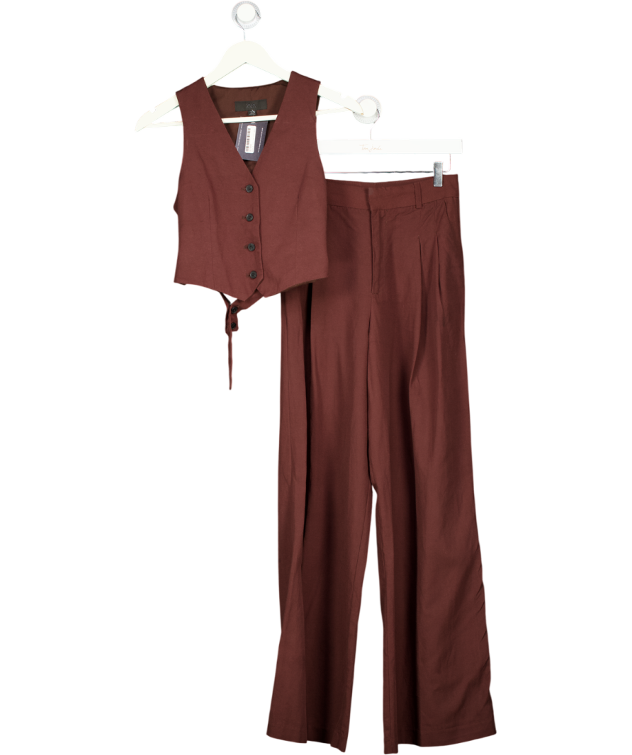 ZARA 2-piece Chocolate Brown Linen Blend Open Back Waistcoat & Trouser Set UK XS