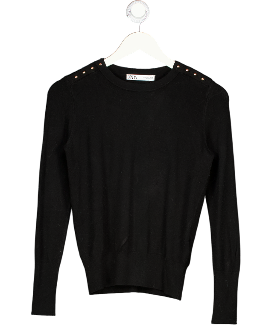 ZARA Black Fine Knit Jumper With Gold Button Detail UK S