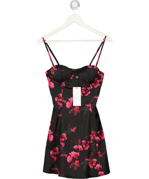 CLUB L Black Floral Print Sweetheart Neckline Skater Mini Dress With Bra Cups UK 6