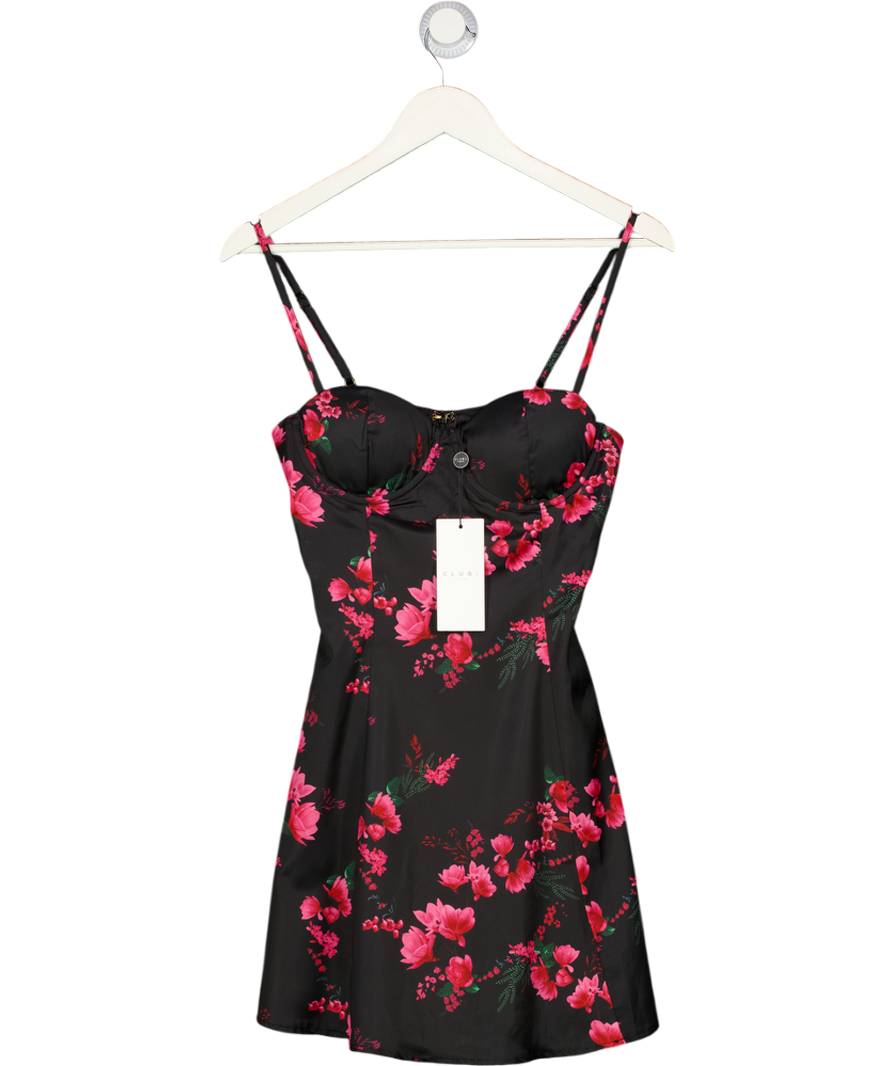 CLUB L Black Floral Print Sweetheart Neckline Skater Mini Dress With Bra Cups UK 6