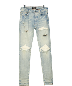Amiri MX1 White Leather Patch Distressed Skinny Jeans Blue Light Indigo W30