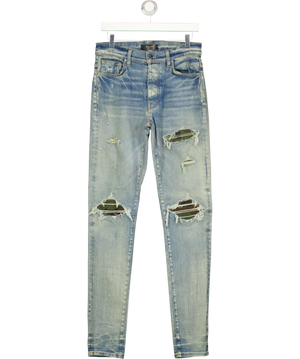 AMIRI MX1 Camo Leather Patch Distressed Skinny Jeans Blue Light Indigo W30