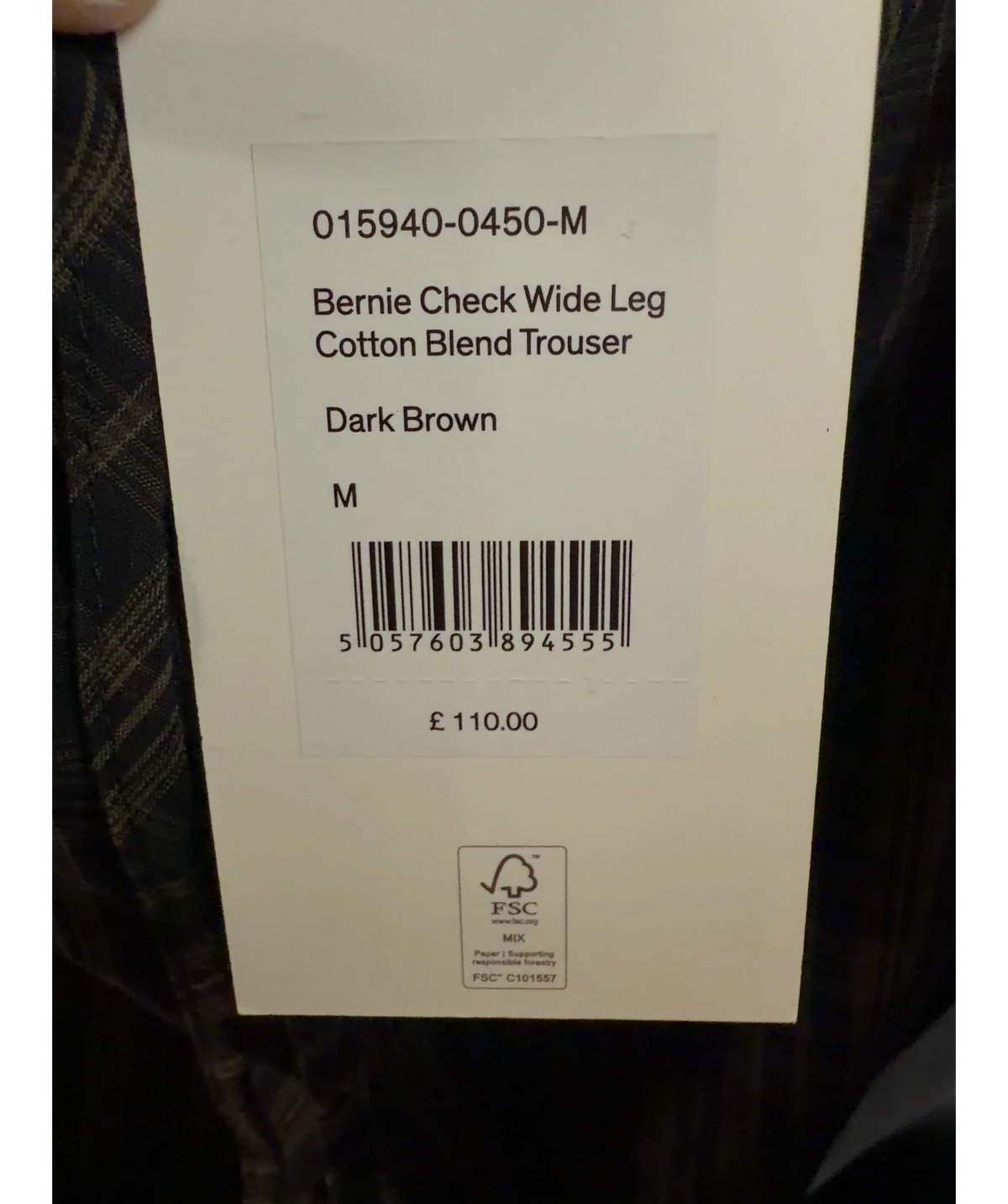 Hush dark brown Bernie Check Wide Leg Cotton Blend Trouser, size UK M — label