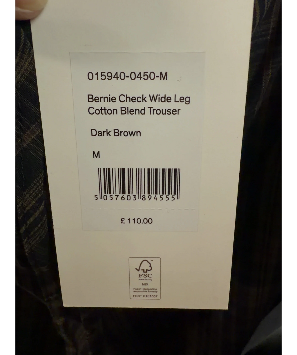 Hush dark brown Bernie Check Wide Leg Cotton Blend Trouser, size UK M — care label