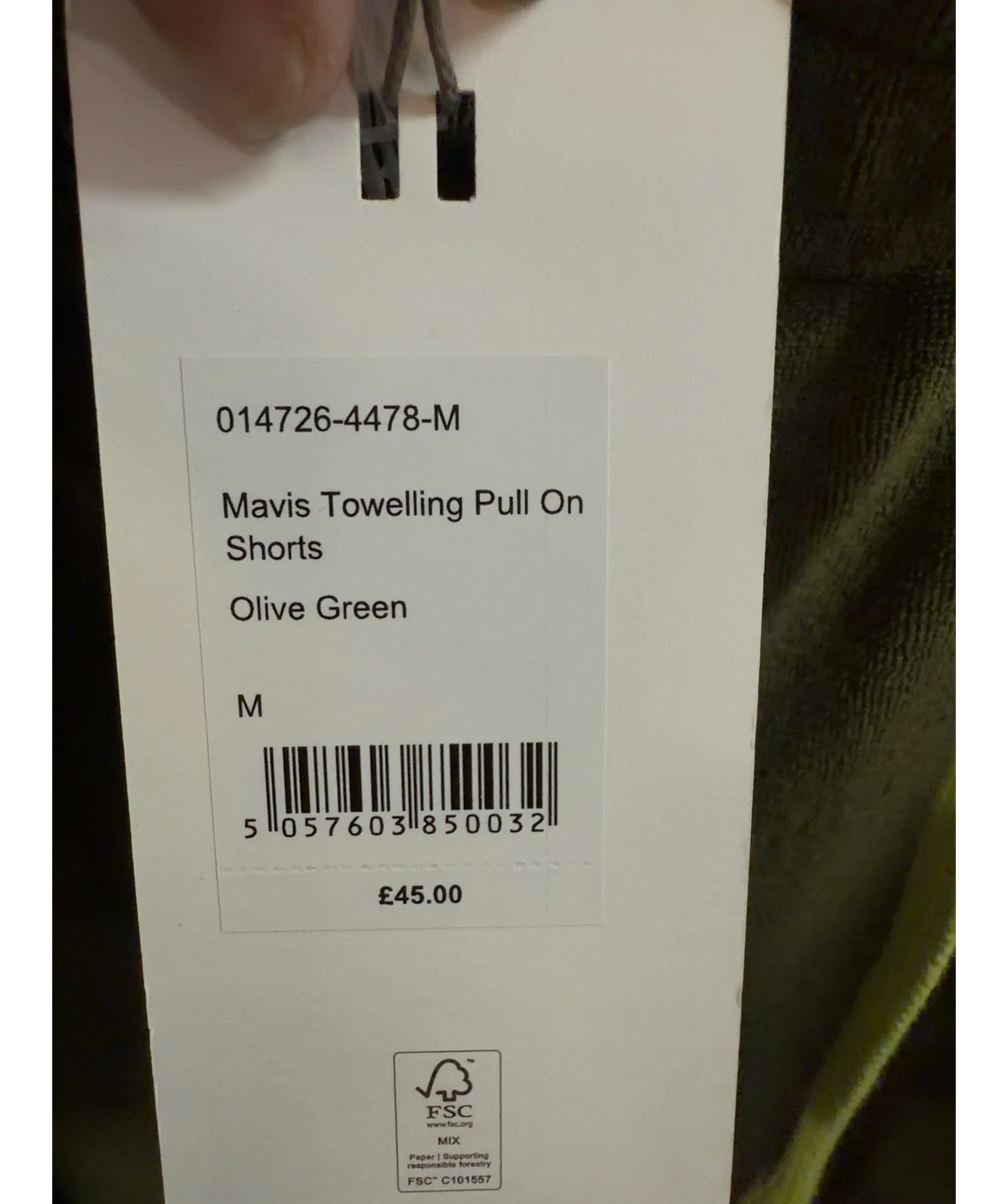 Hush olive green Mavis Towelling Pull On Shorts, size UK M — care label