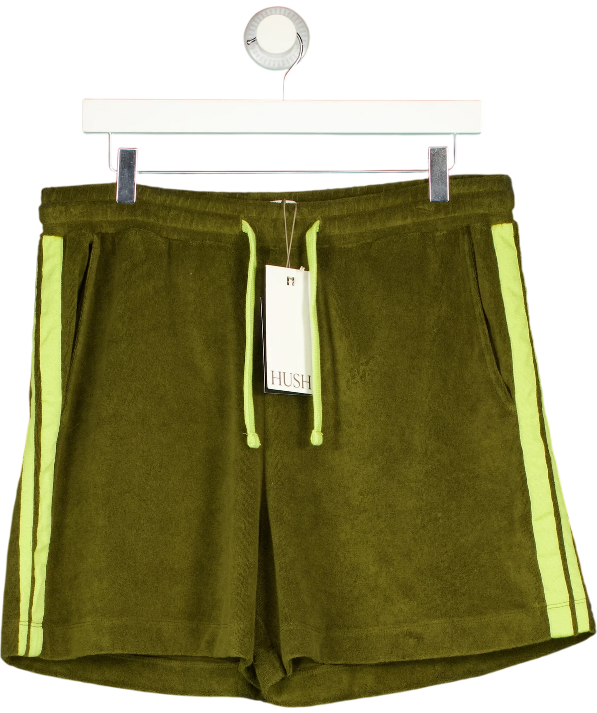 Hush olive green Mavis Towelling Pull On Shorts, size UK M — front