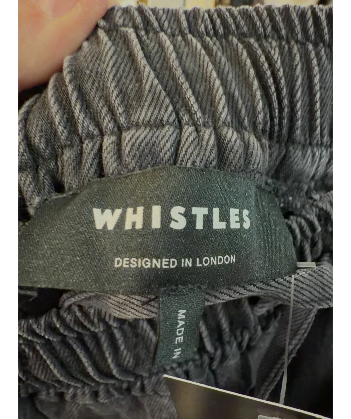 Whistles Black Washed Black Denim Casual Drawstring Barrel Trouser, size UK 12 — detail