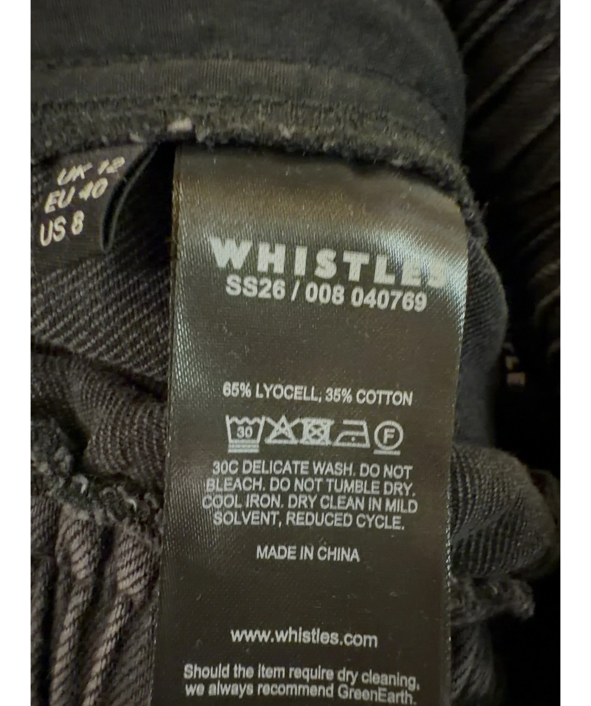 Whistles Black Washed Black Denim Casual Drawstring Barrel Trouser, size UK 12 — label